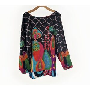 Desigual Womens Blouse Top XL Multicolor Funky Artsy Boho 70s Polyester Satin